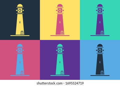 Pop art Lighthouse icon isolated on color background.  Vector Illustration