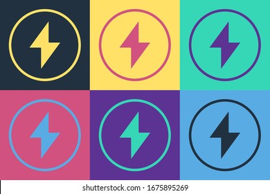 Pop art Lightning bolt icon isolated on color background. Flash sign. Charge flash icon. Thunder bolt. Lighting strike.  Vector Illustration