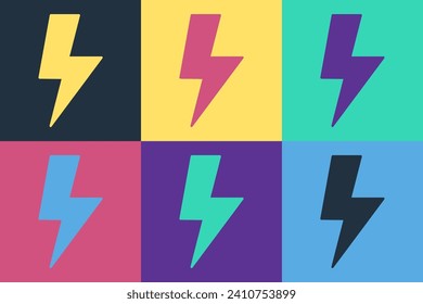 Pop art Lightning bolt icon isolated on color background. Flash sign. Charge flash icon. Thunder bolt. Lighting strike.  Vector
