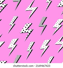Patrón impecable del relámpago de arte pop. Lámparas decorativas, lámparas de diseño, focos de polka y decoración de rayas. Diseño de impresión vectorial de moda