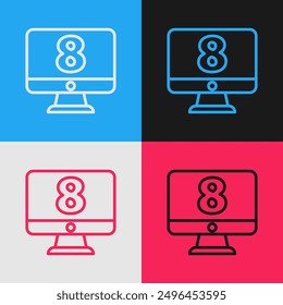 Pop art line 8 March on monitore icon isolated on color background. International Happy Women Day.  Vector Illustration