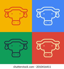 Pop art line African buffalo head icon isolated on color background. Mascot, african savanna animal. Wild ox, carabao or bison bull with fused horns.  Vector