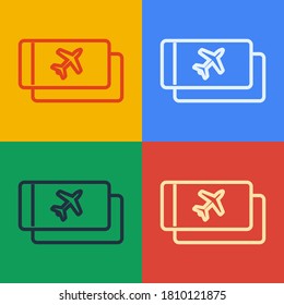 Pop art line Airline ticket icon isolated on color background. Plane ticket.  Vector Illustration