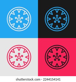 Pop art line Alloy wheel for a car icon isolated on color background.  Vector