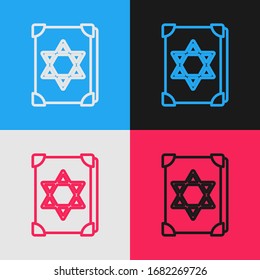 Pop art line Ancient magic book with alchemy recipes and mystic spells and enchantments icon isolated on color background.  Vector Illustration