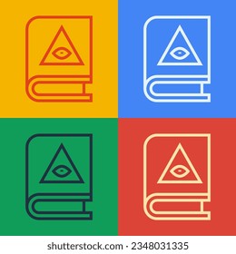 Pop art line Ancient magic book with alchemy recipes and mystic spells and enchantments icon isolated on color background.  Vector