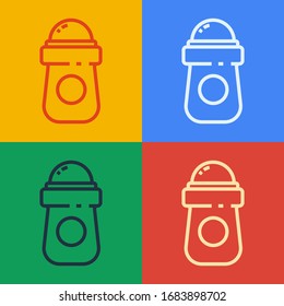 Pop art line Antiperspirant deodorant roll icon isolated on color background. Cosmetic for body hygiene.  Vector Illustration