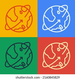 Pop art line Artificial satellites orbiting the planet Earth in outer space icon isolated on color background. Communication, navigation concept.  Vector