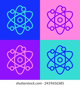 Línea de arte pop Icono de átomo aislado en el fondo del color. Símbolo de ciencia, educación, física nuclear, investigación científica.  Vector