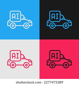 Pop art line Autonomous artificial Intelligence smart car icon isolated on color background.  Vector
