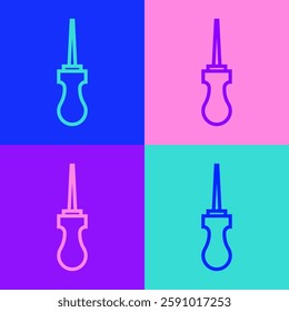 Pop art line Awl tool with wooden handle icon isolated on color background. Work equipment tailor industry.  Vector