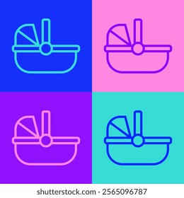 Pop art line Baby stroller icon isolated on color background. Baby carriage, buggy, pram, stroller, wheel.  Vector