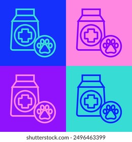 Pop art line Bag of food for dog icon isolated on color background. Dog or cat paw print. Food for animals. Pet food package.  Vector