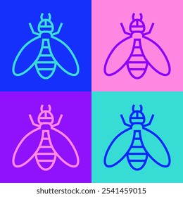 Icono de abeja de línea de arte Pop aislado sobre fondo de color. Dulce comida natural. Abeja melífera o apis con símbolo de alas. Insecto volador.  Vector