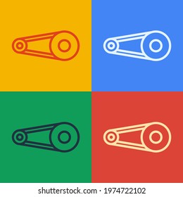 Pop art line Bicycle chain with cogwheels icon isolated on color background. Bike chain sprocket transmission.  Vector