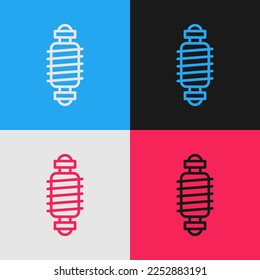 Pop art line Bicycle suspension icon isolated on color background.  Vector