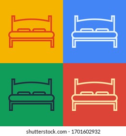 Pop art line Big bed for two or one person icon isolated on color background.  Vector Illustration