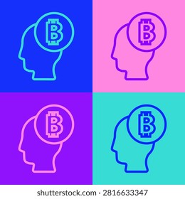 Pop art line Bitcoin think icon isolated on color background. Cryptocurrency head. Blockchain technology, digital money market, cryptocoin wallet.  Vector