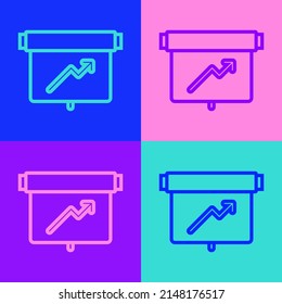 Pop art line Board with graph chart icon isolated on color background. Report text file icon. Accounting sign. Audit, analysis, planning.  Vector