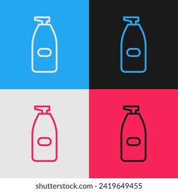Pop art line Bottle of liquid antibacterial soap with dispenser icon isolated on color background. Antiseptic. Disinfection, hygiene, skin care.  Vector Illustration