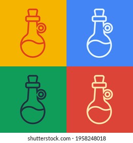 Pop art line Bottle of olive oil icon isolated on color background. Jug with olive oil icon.  Vector