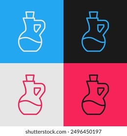 Pop art line Bottle of olive oil icon isolated on color background. Jug with olive oil icon.  Vector
