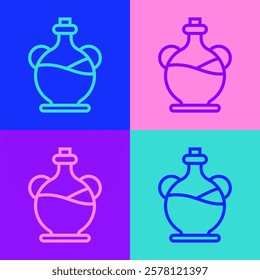 Pop art line Bottle of olive oil icon isolated on color background. Jug with olive oil icon.  Vector