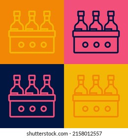 Pop art line Bottles of wine in a wooden box icon isolated on color background. Wine bottles in a wooden crate icon.  Vector