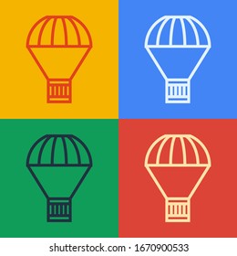 Pop art line Box flying on parachute icon isolated on color background. Parcel with parachute for shipping. Delivery service, air shipping.  Vector Illustration