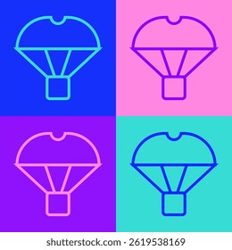 Pop art line Box flying on parachute icon isolated on color background. Parcel with parachute for shipping. Delivery service, air shipping.  Vector