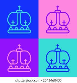 Pop art line British crown icon isolated on color background.  Vector