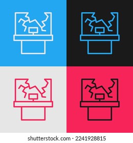 Pop art line Broken window icon isolated on color background. Damaged window. Beaten windowpane concept. Vandalism.  Vector