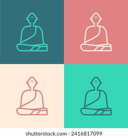 Pop art line Buddhist monk in robes sitting in meditation icon isolated on color background.  Vector Illustration