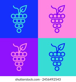 Pop art line Bunch of grapes icon isolated on color background.  Vector