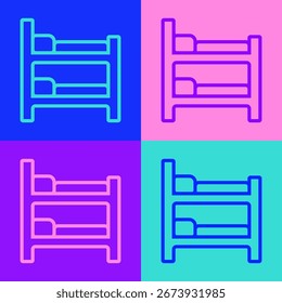 Icono de la cama de la litera de la línea de arte del Pop aislado en fondo del color.  Vector