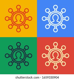 Pop art line Business network and communication icon isolated on color background. Strong network marketing, influence, and leadership.  Vector Illustration