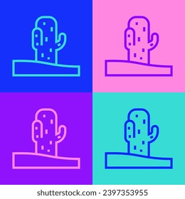 Pop art line Cactus icon isolated on color background.  Vector