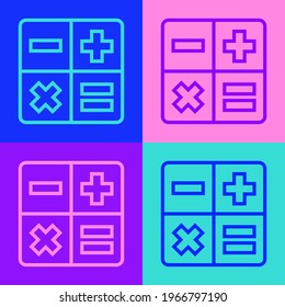 Pop art line Calculator icon isolated on color background. Accounting symbol. Business calculations mathematics education and finance.  Vector