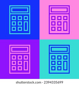 Pop art line Calculator icon isolated on color background. Accounting symbol. Business calculations mathematics education and finance.  Vector Illustration