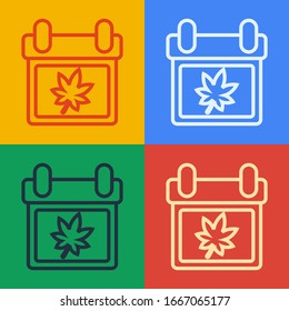 Pop art line Calendar with autumn leaves icon isolated on color background.  Vector Illustration