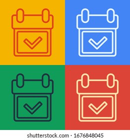 Pop art line Calendar with check mark icon isolated on color background.  Vector Illustration