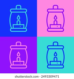 Pop art line Camping lantern icon isolated on color background. Happy Halloween party.  Vector