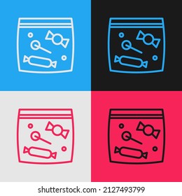 Pop art line Candy packaging for sweets icon isolated on color background. Bag with candy.  Vector