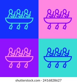 Pop art line Canoe rowing team sports icon isolated on color background. Three athletes with oars rowing in boat. Teamwork concept.  Vector