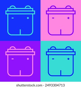 Pop art line Car battery icon isolated on color background. Accumulator battery energy power and electricity accumulator battery.  Vector