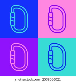 Pop art line Carabiner icon isolated on color background. Extreme sport. Sport equipment.  Vector