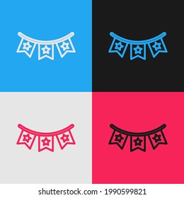 Pop art line Carnival garland with flags icon isolated on color background. Party pennants for birthday celebration, festival decoration.  Vector