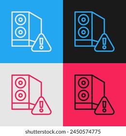 Pop art line Case of computer with exclamation mark icon isolated on color background. Computer server. Workstation.  Vector