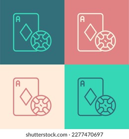 Pop art line Casino chip and playing cards icon isolated on color background. Casino poker.  Vector