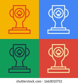 Pop art line Casino poker trophy cup icon isolated on color background.  Vector Illustration